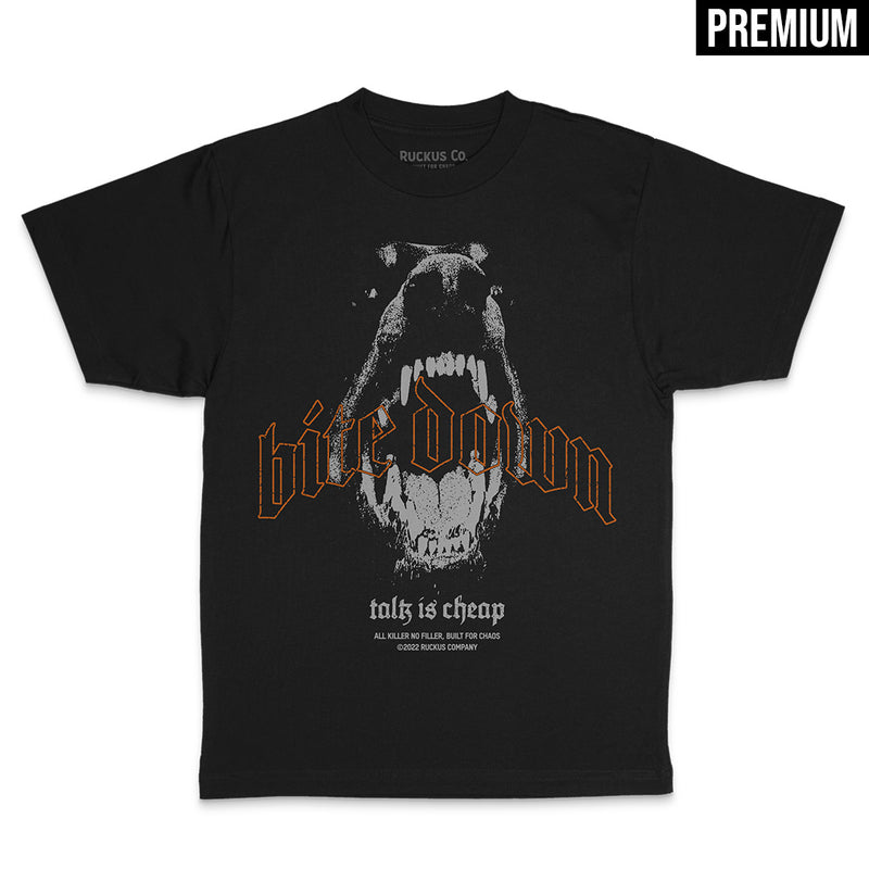 Ruckus Co. Bite Down Talk is Cheap Doberman Rottweiler Dog T-Shirt Black